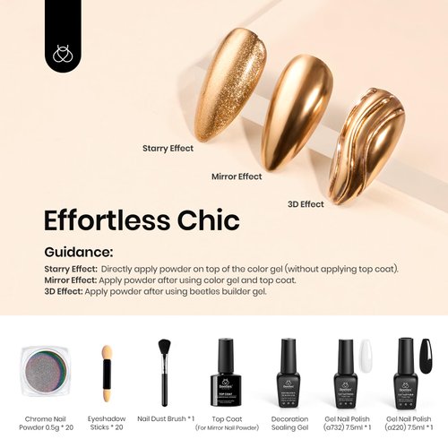 Beetles 20 Colors Metallic Chrome Nail Powder, Metallic nail polish Chrome Powder Mirror Effect Holographic Aurora Nail Art 0.5g/Jar, with Top Coat & Decoration Sealing Gel Black White Gel Polish
