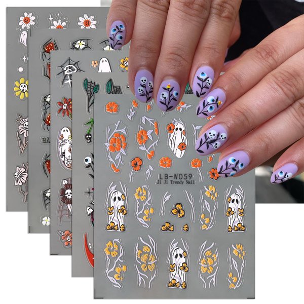 Frenck Halloween Nail Art Stickers Skull Ghost Nail Decals Skeleton Spider Web Nail Stickers Nail Art Supplies Coccinella Septempunctata Ladybug Flower Nail Designs Decals for Acrylic Nails 5 Sheets