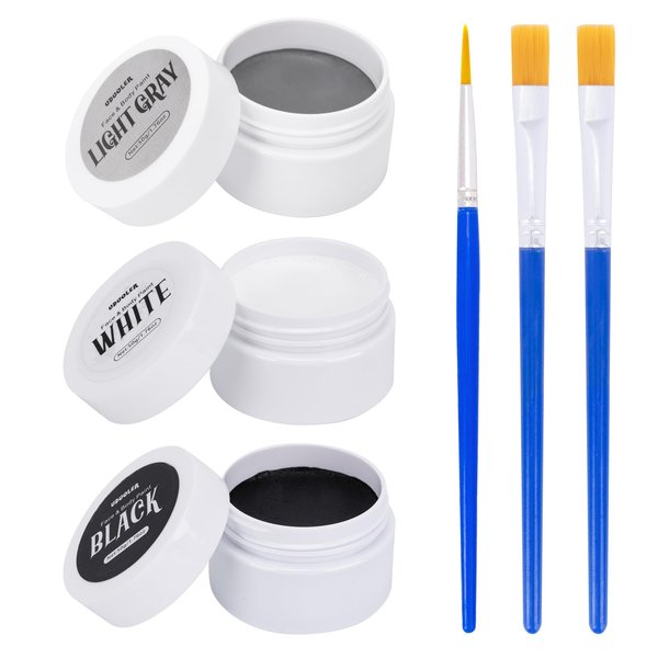 Grey Black and White Face Paint,Halloween Skeleton Face Paint Kit with 3Pcs Painting Brushes,Water Based Body Paint for Adults & Kids,SFX Makeup Palette for Zombie,Joker,Ghost,Cosplay,Costume,Theater