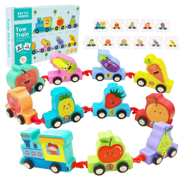 ZRCCOX Toddler Toys for 2 4 3 Year Old Boys and Girls Birthday Gifts Wooden Train Toys for Kids Ages 2-5 Montessori Educational Toys for 2 Year Old 11 PCS Fruits and Vegetables Train Set with Numbers