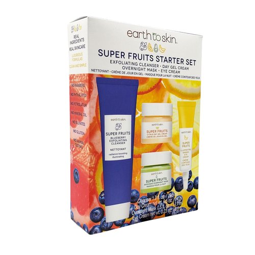 Earth To Skin Super Fruits Starter Set: Blueberry Exfoliating Cleanser (1.0 Fl Oz), Citrus Day Gel Cream (0.5 Fl Oz), Avocado Overnight Mask (0.5 Fl Oz), and Banana Brightening Eye Cream (0.23 Fl Oz)