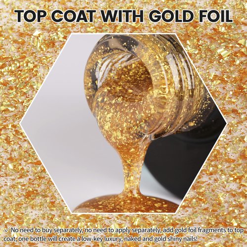YTD Likomey 15ml Gel Nail Polish Gold Foil Top Coat,Glossy No Wipe Long Lasting Shiny Finish Clear Gold Glitter Sparkle For Salon Home DIY Manicure UV Nail Gel