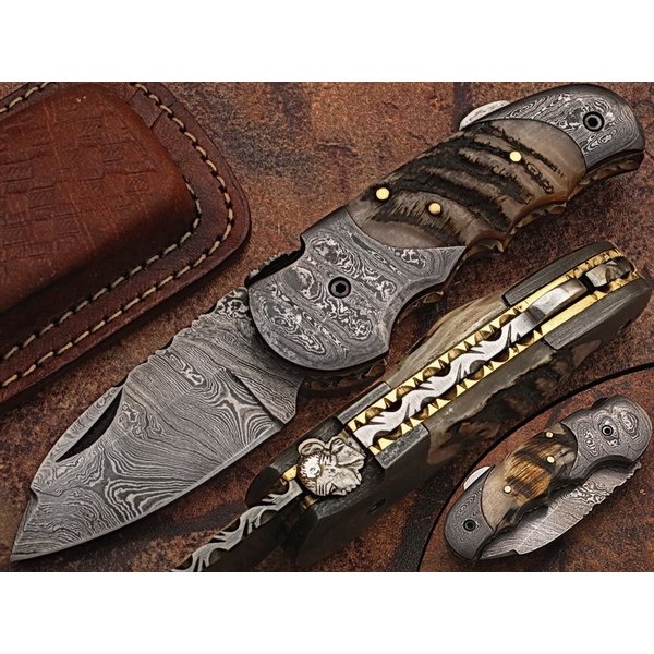 Custom made damascus blade & bolsters ram horn handle,with genuine leather sheath 5060-RD
