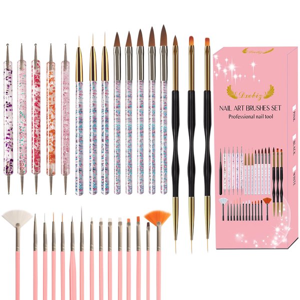 31Pcs Nail Art Brushes Set, Professional Nail Art Brush Dotting Tools Kit, Nail Dust Brush Nail Painting Brush Striping Nail Liner Brush Nail Dotting Pen for DIY Nail Art Designs