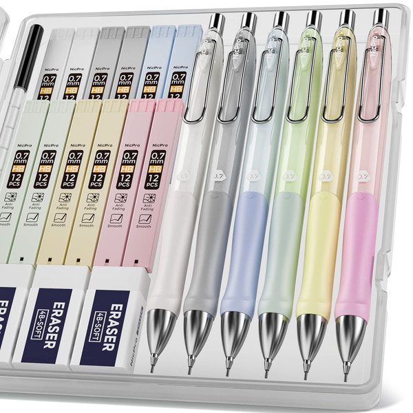 Nicpro 6PCS Pastel Mechanical Pencil Set 0.7 mm, Cute Mechanical Pencils with Comfort Grip with 12 Tubes HB Lead Refill, 3 Eraser, 9 Eraser Refills for Student Writing, Drawing, Sketching- with Case