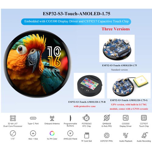 ESP32-S3 with 1.75inch AMOLED Round Touch Display Development Board, 466x466, QSPI Interface,Onboard Dual Digital Microphone Array, Support AI Speech Interaction, with 8Ω 2W Speaker and GPS Antenna