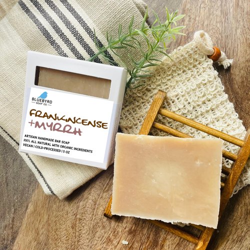 Bluebyrd Soap Co. Frankincense & Myrrh Soap Bars 5oz | 100% All Natural Soap - Scented with Pure Essential Oils | Vegan Moisturizing Coconut Oil Soap Bars For Body, Face, & Bath (Frankincense)