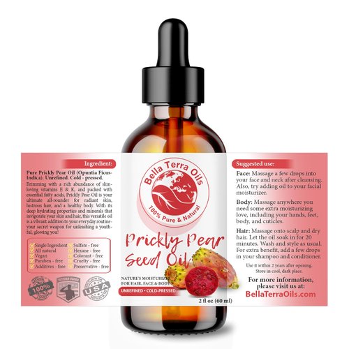 Bella Terra Oils - Prickly Pear Seed Oil 2oz - The Essence of Prickly Pear Cactus, A Haven of Vitamin A & Magnesium, an Elegant Addition to Your Routine