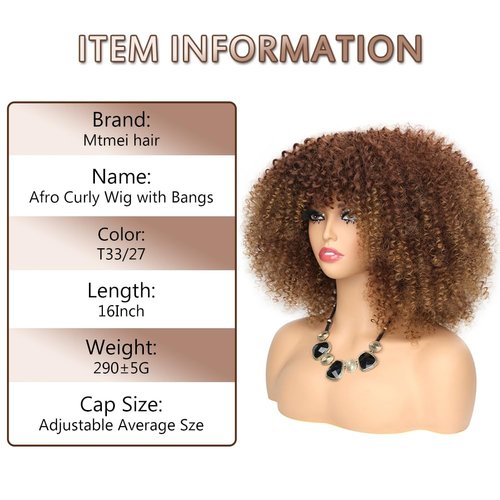 Mtmei hair Short Afro Curly Wig with Bangs Natural Curly Wigs 16Inch 290G T33/27 Hair Arukihair Wig Kinky Curly Wigs Synthetic Hair for Women(16Inch，T33/27)