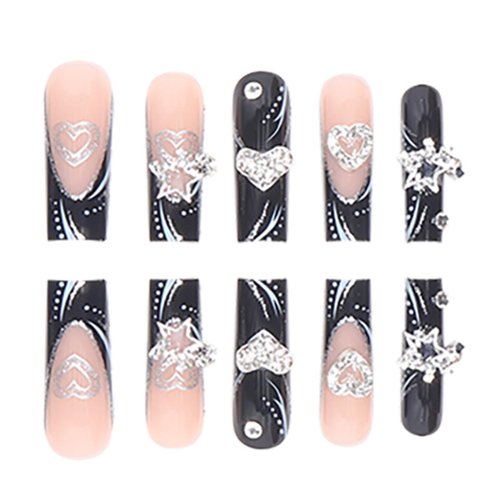 DANMANR Fake Nails Black Long Press on Coffin Nails Heart Crystal Full Cover Acrylic French Shiny Fake Nails for Women and Girls 24PCS