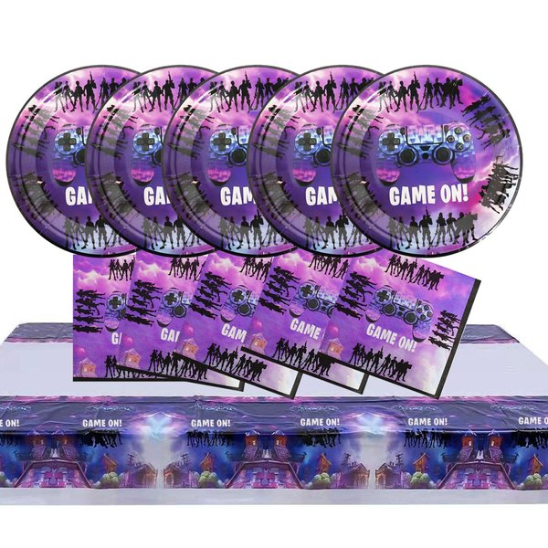Video Game Party Supplies Plates Napkins and Table Cover Tableware Set for Kids Game Theme Birthday Party Serve 20
