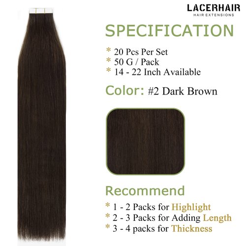 Lacer Brown Tape in Hair Extension Human Hair Dark Brown Silky Straight Double Sided Skin Weft Glue in Hair Extensions for Black Women 14 Inch 50g 20pcs