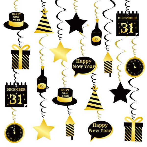 Uniwish Happy New Year Hanging Swirls New Years Hanging Decorations Hello 2025 Black and Gold New Years Eve Party Supplies, Pack of 20