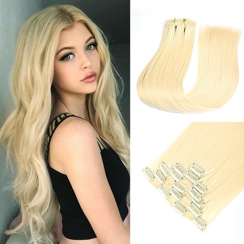 7 Pcs Full Head Clip In Hair Extensions Party Highlights Colored Hair Streak Synthetic Hairpieces (20 Inch Straight, 613)