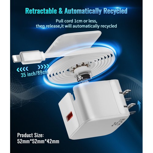 Retractable Wall Charger, 35W Fast USB Charger Block with Retractable Cables for iPhone 14/13/12/11 Pro MAX/XR/XS/8/7,iPad, Portable Retractable Charger Wall Plug for Home Office Travel
