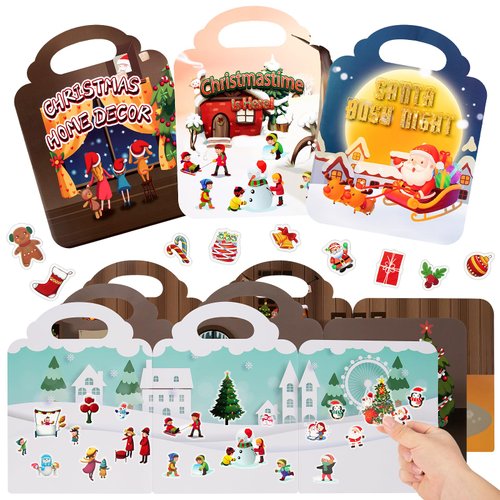 Christmas Reusable Sticker Books for Kids - 3 Sets Static Adhesive Stickers Book Gifts for Toddlers Age 3 Years Cute Educational Learning Toys Birthday Holiday