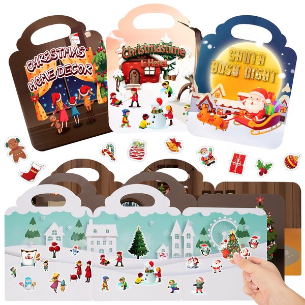 Christmas Reusable Sticker Books for Kids - 3 Sets Static Adhesive Stickers Book Gifts for Toddlers Age 3 Years Cute Educational Learning Toys Birthday Holiday