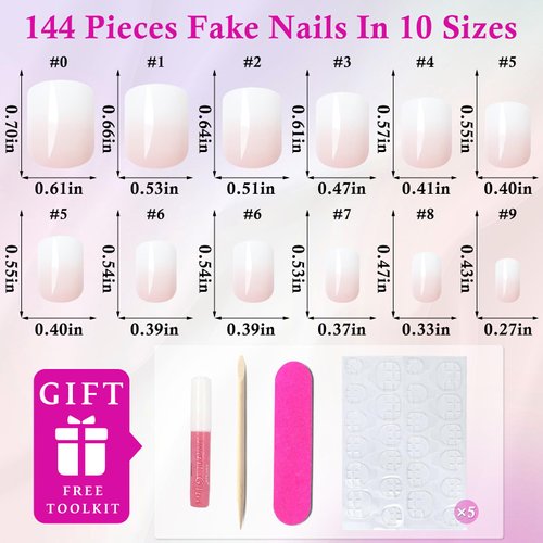 LoveOurhome 144pc Short Square Press on Nails Fake Nails Ombre Glue on Nails White Pink Ombre Pink Press on Nails Short False Nail Artificial Fingernails Women Stick on Nails with Glue Adhesive Tabs