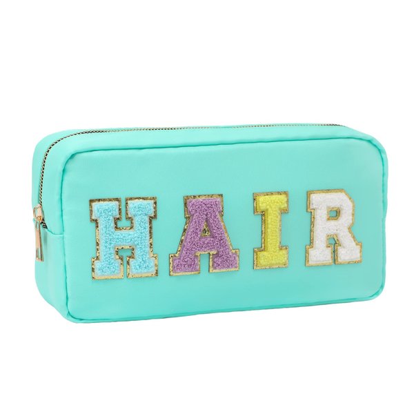 DYSHAYEN Nylon Cosmetic Bag Preppy Hair Makeup Bag for Women Travel Toiletry Organizer with Chenille Letter Patches (Mint-HAIR)