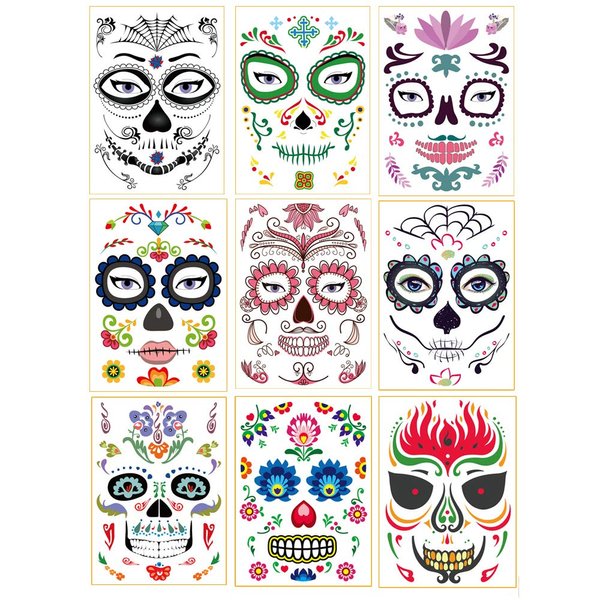 Halloween Day of the Dead Face Tattoo Halloween Face Temporary Tattoo Sugar Skull Water Transfer Stickers Face Makeup Props for Women Men Adult Kids Boys Halloween Party Favor Supplies(9 Sheet)