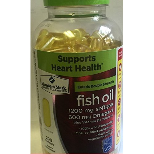 Member's Mark Enteric Double Strength Fish Oil 1200mg Softgels 600mg Omega-3 EPA DHA Plus Vitamin D3 2000 Iu (2 bottles (400 softgels)) by Members Mark