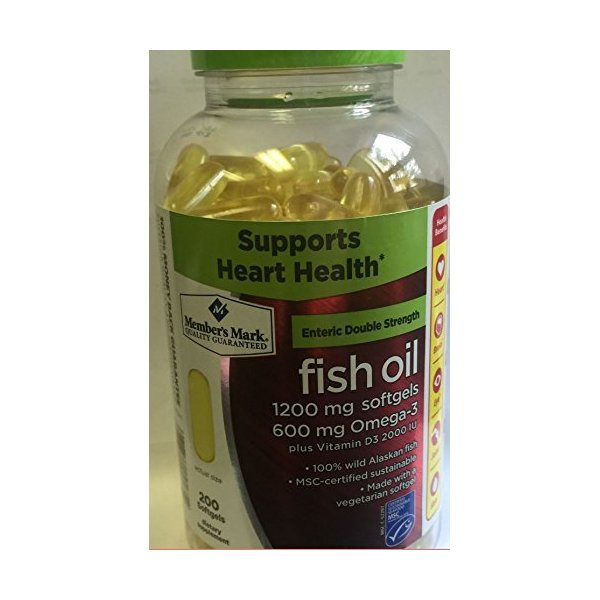 Member's Mark Enteric Double Strength Fish Oil 1200mg Softgels 600mg Omega-3 EPA DHA Plus Vitamin D3 2000 Iu (2 bottles (400 softgels)) by Members Mark