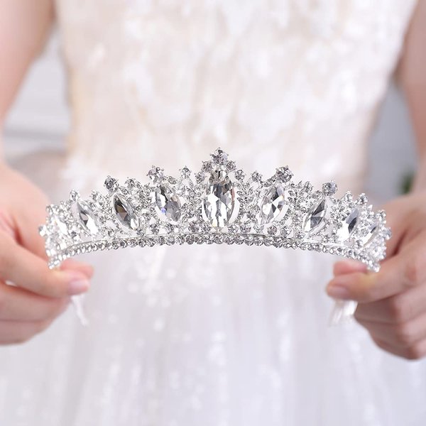 JWICOS Crystal Tiara with Comb for Women Queen Crown Wedding Bridal Party (Silver)