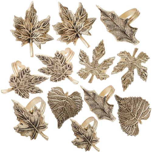 Alpha Living Home Harvest Fall Leaf Napkin Rings Assorted - Set of 12 for Christmas, Dinner Parties, Weddings, Thanksgiving, or Everyday Daily Use Table Decor Accessories - Antique Gold