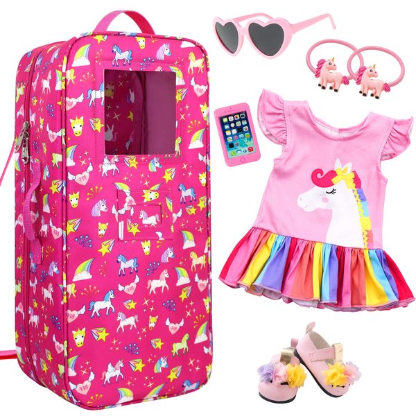 Ecore Fun 7 Items 18 Inch Dolls Bag and Accessories Unicorn Doll Carrier Storage Fit for 18 Inch Girl Dolls Including Doll Case, 18" Doll Clothes, Doll Shoes, Sunglasses, Phone and 2 Hairpin