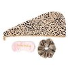 Absorbent Twist Microfiber Hair Towel Wrap for Women, Bathroom Essentials, Quick Drying Hair for Curly, Straight or Thick, Pack of 3 (Cheetah Drying Towel, Do Not Disturb Sleeping Mask, Scrunchie)