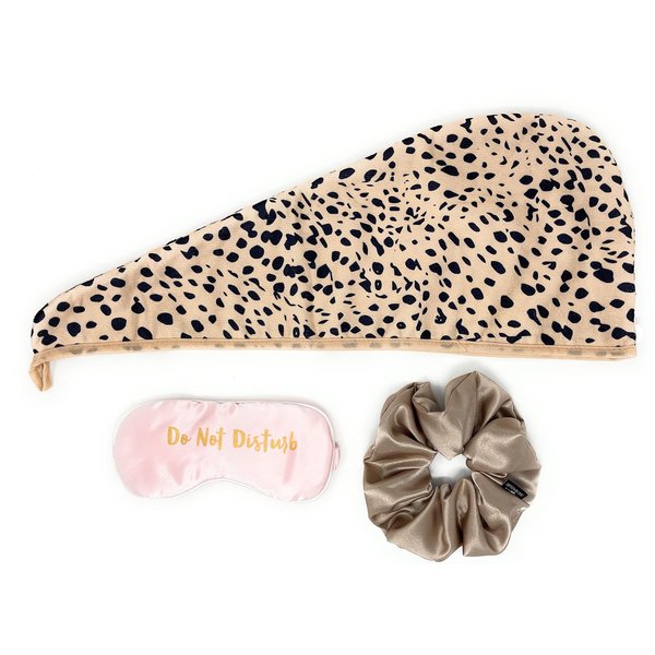 Absorbent Twist Microfiber Hair Towel Wrap for Women, Bathroom Essentials, Quick Drying Hair for Curly, Straight or Thick, Pack of 3 (Cheetah Drying Towel, Do Not Disturb Sleeping Mask, Scrunchie)