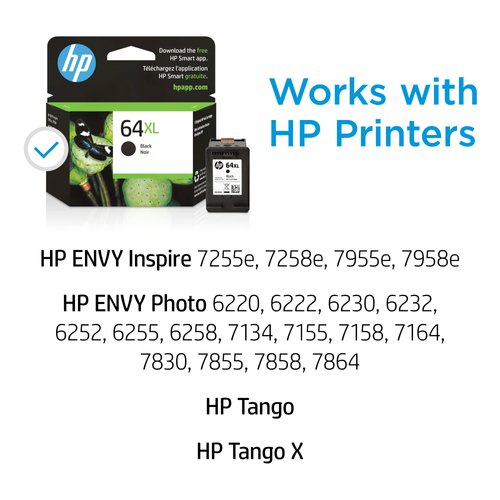 HP 64XL Black High-yield Ink Cartridge | Works with HP ENVY Inspire 7950e; ENVY Photo 6200, 7100, 7800; Tango Series | Eligible for Instant Ink | N9J92AN