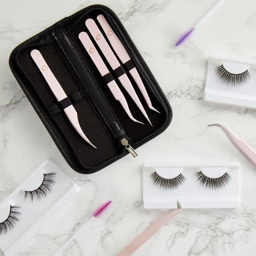6-Piece Precision Tweezer Set for Eyelash Extensions with Storage Case (Light Pink)