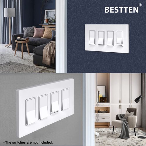 BESTTEN 5 Pack 4-Gang Screwless Decorative Wall Plate, Decorator Outlet Cover, USWP6 Snow White Series, H4.69” x L8.35”, for Light Switch, Dimmer, GFCI, USB Receptacle