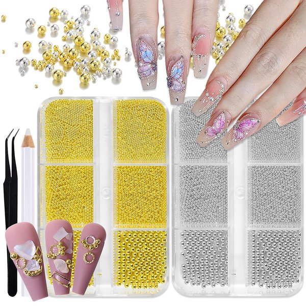 XEAOHESY 2 Boxes Nail Art Beads Gold Silver Mini Metal Nail Caviar Beads with 3 Sizes（0.5mm/0.8mm/1mm） Gold Silver Nail Charms for Women Girls Nail Decorations with Rhinestone Pickup Pen and Tweezers