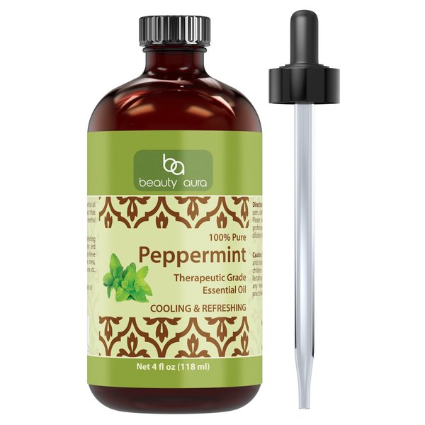 Beauty Aura 100% Pure Peppermint Essential Oil – 4 fl oz - Premium Therapeutic Grade Essential Oil for Aromatherapy