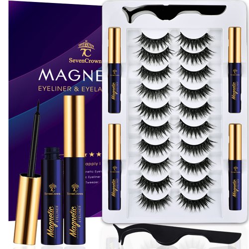 7C SEVENCROWN Magnetic Eyelashes Magnetic Lashes with Eyeliner, 10 Pairs Medium Cat Eye Wispy Magnetic False Eyelash Natural Look,Pestañas Magneticas, Upgraded Long Lasting,Lightweight,Cruelty-Free,Easy(4 Tubes)