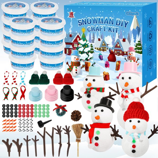 16 Pack DIY Snowman Kit Toys for Kids,Christmas Craft Xmas Gift Toy for Girl,Boy,Build a Snowman Kit Indoor Decorations,Creative Kids Air Dry Modeling Clay,Christmas Gift Stocking Stuffers for Toddler