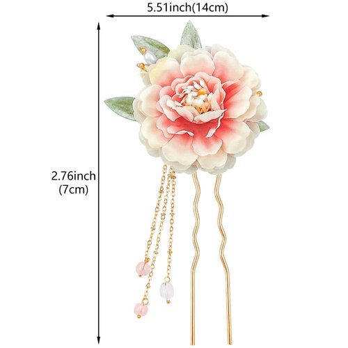 2 Pcs Flower Chinese Tassel Hair Stick Silk Artificial Blossom Hair Pins Japanese Hanfu Hair Chopsticks Retro Floral Crystal Pearl Wedding Headpiece Brides Hair Styling Accessories for Long Hair Women