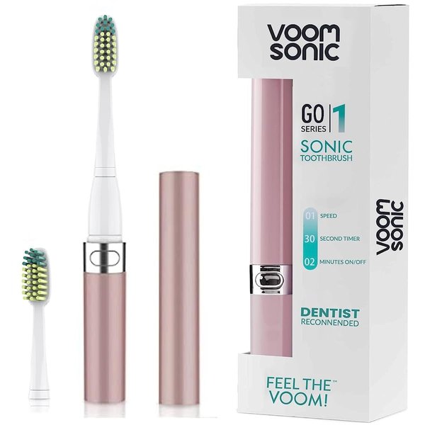 Voom Sonic Go 1 Series Battery-Operated Electric Toothbrush, Dentist Recommended, Portable Oral Care, 2 Minute Timer, Light Weight Design, Soft Dupont Nylon Bristles, Metallic Rose (VM-20700)