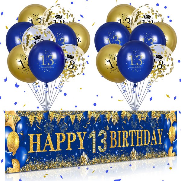 Blue Gold 13th Birthday Decorations for Kids, Navy Blue Gold Happy 13th Birthday Party Yard Banner and 18Pcs 75th Birthday Balloons for Boys Girls 13 Year Old Birthday Anniversary Party Supplies Decor