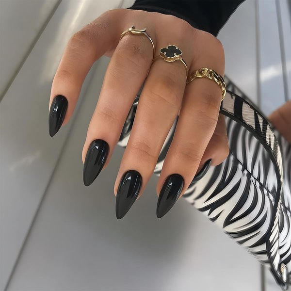 IFMOPETY Black Press on Nails Medium Almond, Fake Nails with Pure Black Design，Glue on Nails for Daily Wear，24pcs Black Fake Nails, 24pcs Nail Jelly Stickers, 1 Mini Nail File, and 1 Wooden Stick