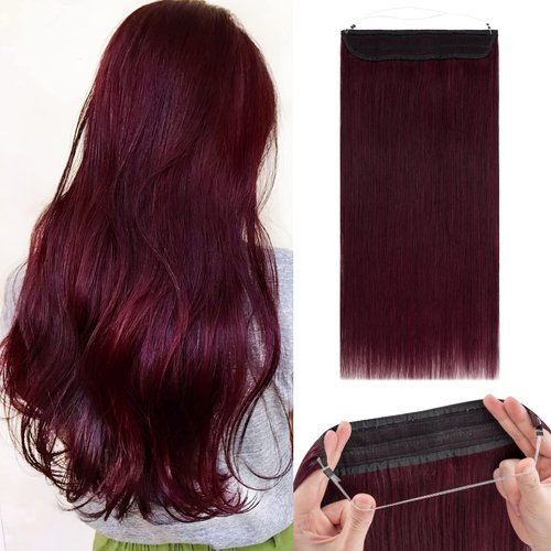 Benehair Human Hair Extensions Thick Ends #99J Invisible Wire Real Human Hair with 2 Fish Lines Thicker Hairpieces 16 Inch 90g Wine Red Hair Extensions Straight Thicker Hairpieces for women