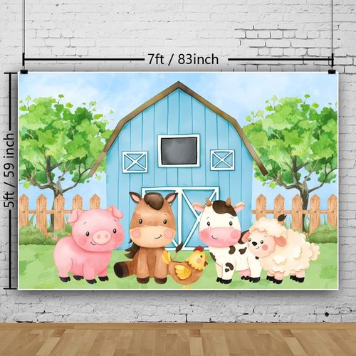 ZARROUEA 7x5ft Blue Barn Farm Animals Happy Birthday Backdrop Banner Cartoon Farm Background for Kids Boy Birthday Party Baby Shower Party Decorations Cake Table Supplies（Blue2）