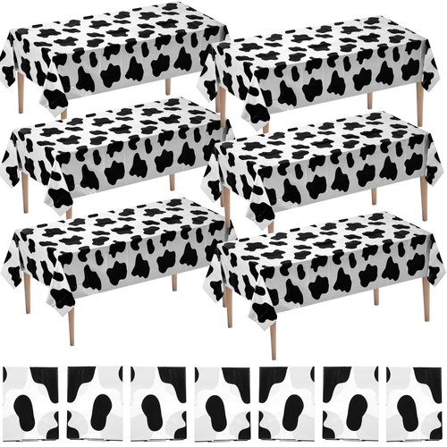 Cow Print Tablecloth (Pack of 6) 54 x 72 Inch Tablecloths for Farm Animal Themed Parties, Birthday Party Supplies and Picnic Table Covers, (Black and White)