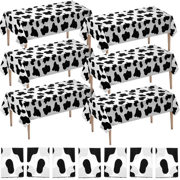 Cow Print Tablecloth (Pack of 6) 54 x 72 Inch Tablecloths for Farm Animal Themed Parties, Birthday Party Supplies and Picnic Table Covers, (Black and White)
