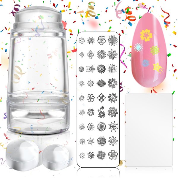 Nail Art Stamper Set - 1 Pc Silicone Nail Art Stamper with 2 Pcs French Nail Stamper Head, 1 Nail Stamping Plate and 1 Scraper, Manicure Tools Kit for Home Salon DIY Nail Art Decor