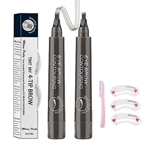 Microblading Eyebrow Pen, Eyebrow Pen 4 Points Eyebrow Pencil, Creates Lasting MakeUp Professional Natural Looking Eyebrows, Cover Sparse Areas, Daily Waterproof Eyebrow with Gift (04#Gray Brown)