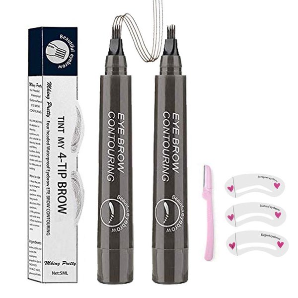 Microblading Eyebrow Pen, Eyebrow Pen 4 Points Eyebrow Pencil, Creates Lasting MakeUp Professional Natural Looking Eyebrows, Cover Sparse Areas, Daily Waterproof Eyebrow with Gift (04#Gray Brown)