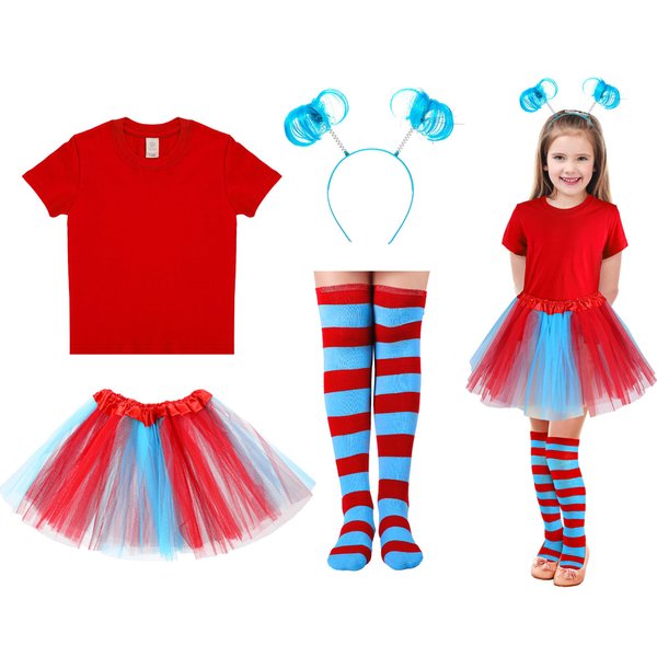 Lenwen Halloween Tulle Tutu Costume Accessories Set, T Shirt Striped Thigh High Socks Tutu Skirt for Halloween Costume (Blue and Red Skirt,Aged 8-9)